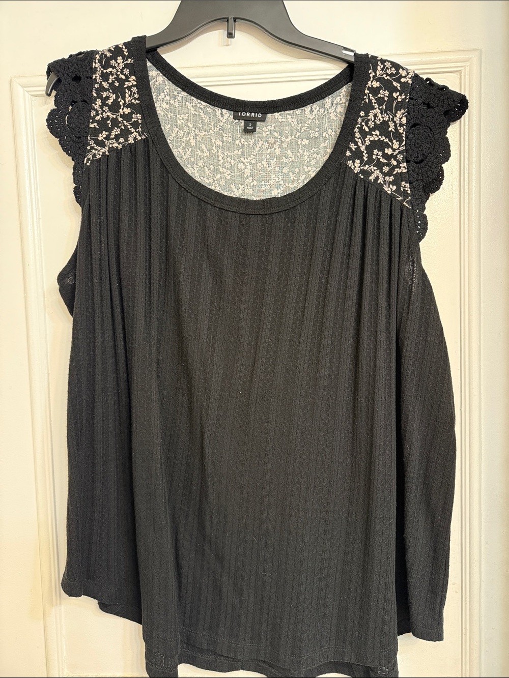 torrid Black Ribbed Tank with Crochet Floral Shoulders